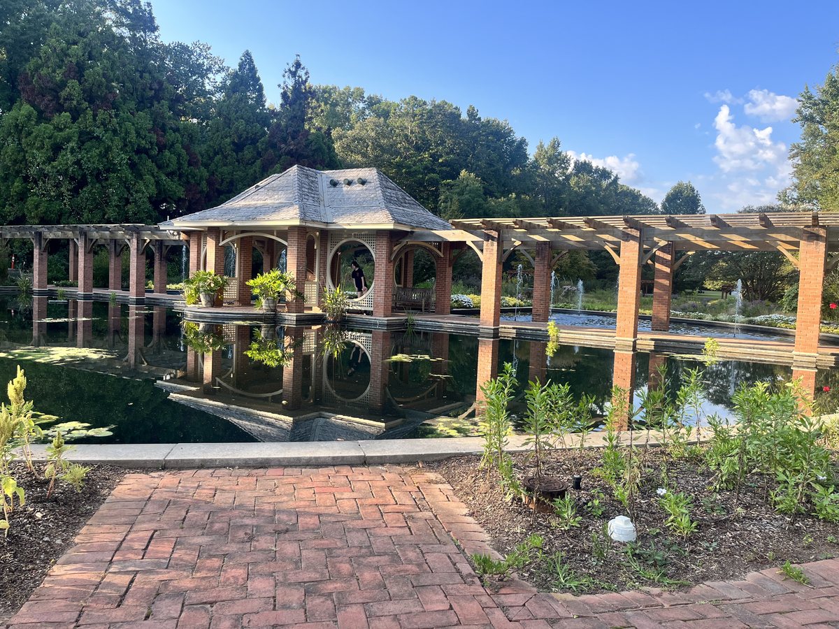 Pavilion reflected in water at the Huntsville Botanical Garden